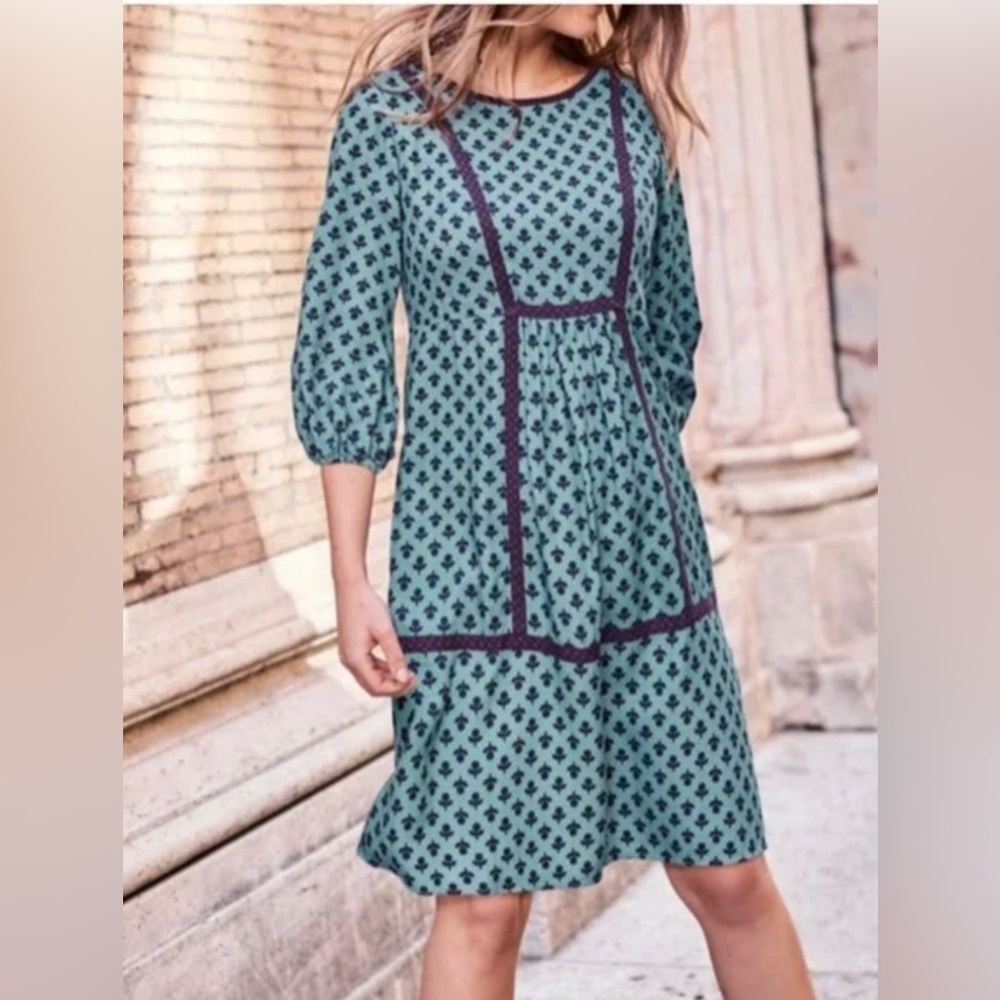 Boden Luna dress teal bud 3/4 sleeve 8 Tall size 6L